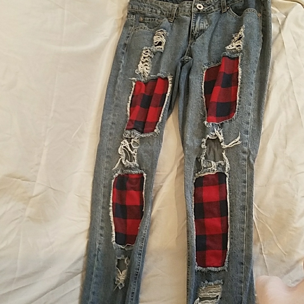 Boyfriend ripped patched jeans